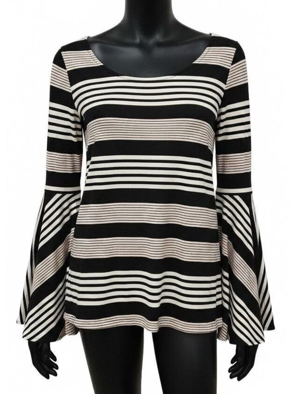 7th Avenue Design Studio Black and White Striped Bell Sleeve Blouse, Size Large